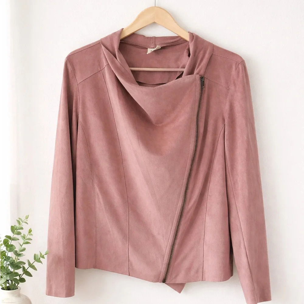 Faux Suede Moto Jacket Blush Pink Draped Collar Asymmetrical Zip Size Medium